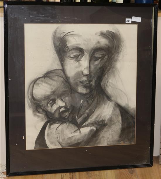 English School, mid 20th century, charcoal abstract portrait, mother and child 64 x 58cm.